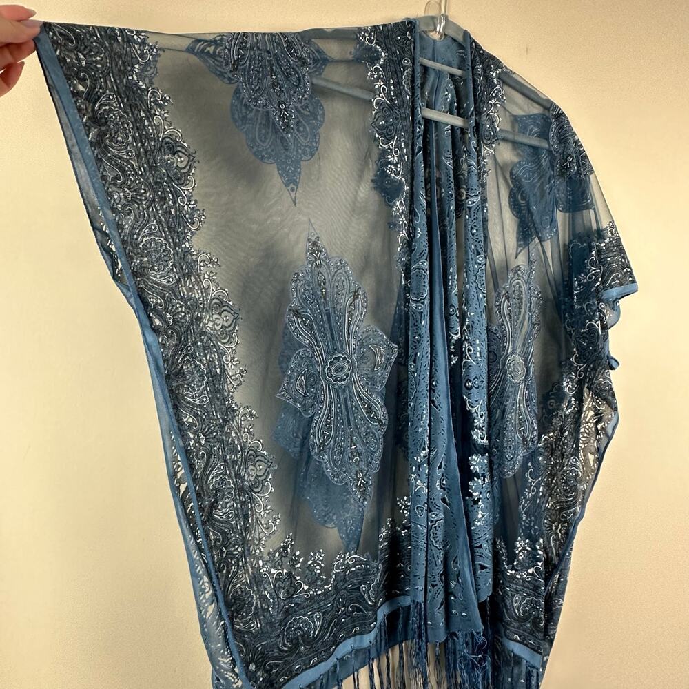 Pretty Persuasions Blue Paisley Sheer Kimono Fringe Boho Duster Fairy Coachella - Picture 8 of 11